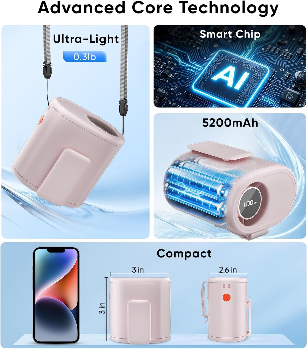 AI Portable Waist Fan, 15,000RPM, 30H Cooling Hands-Free Personal Fan