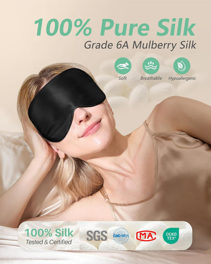 BeeVines 100% Real Mulberry Silk 2 Pack Sleep Mask, Natural Pure Silk Eye Masks with Adjustable Strap for Sleeping, Block Light Eye Sleep Shade Cover, Reduces Puffy Eyes Traveling Gifts