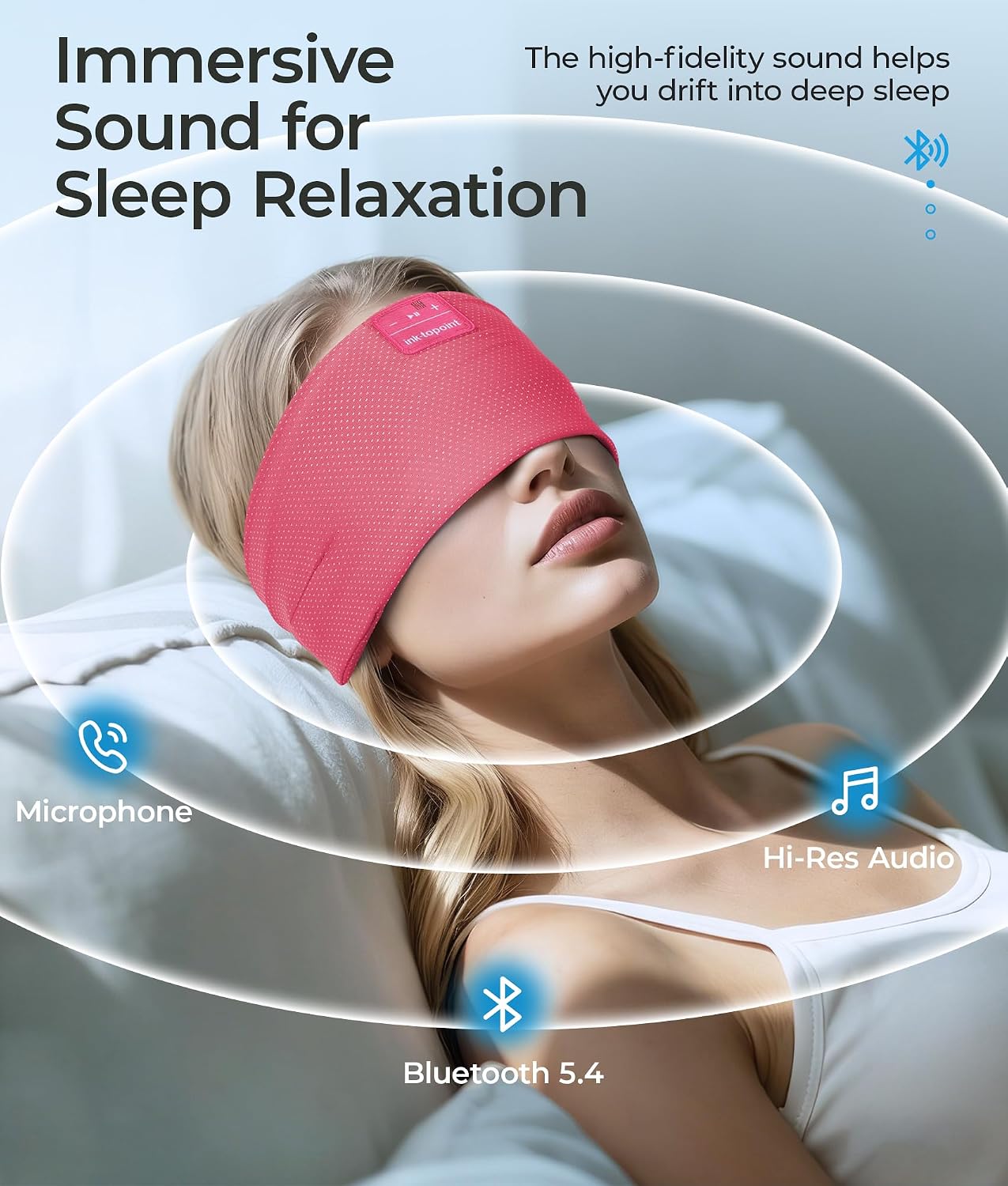 ink-topoint Sleep Headphones Bluetooth 5.4 Headband, 2 in 1 Sleep Mask with Bluetooth Headphones, Wireless Headband Earphones with Ultra-Thin HD Stereo Speaker, Music Headband for Workout Running Yoga