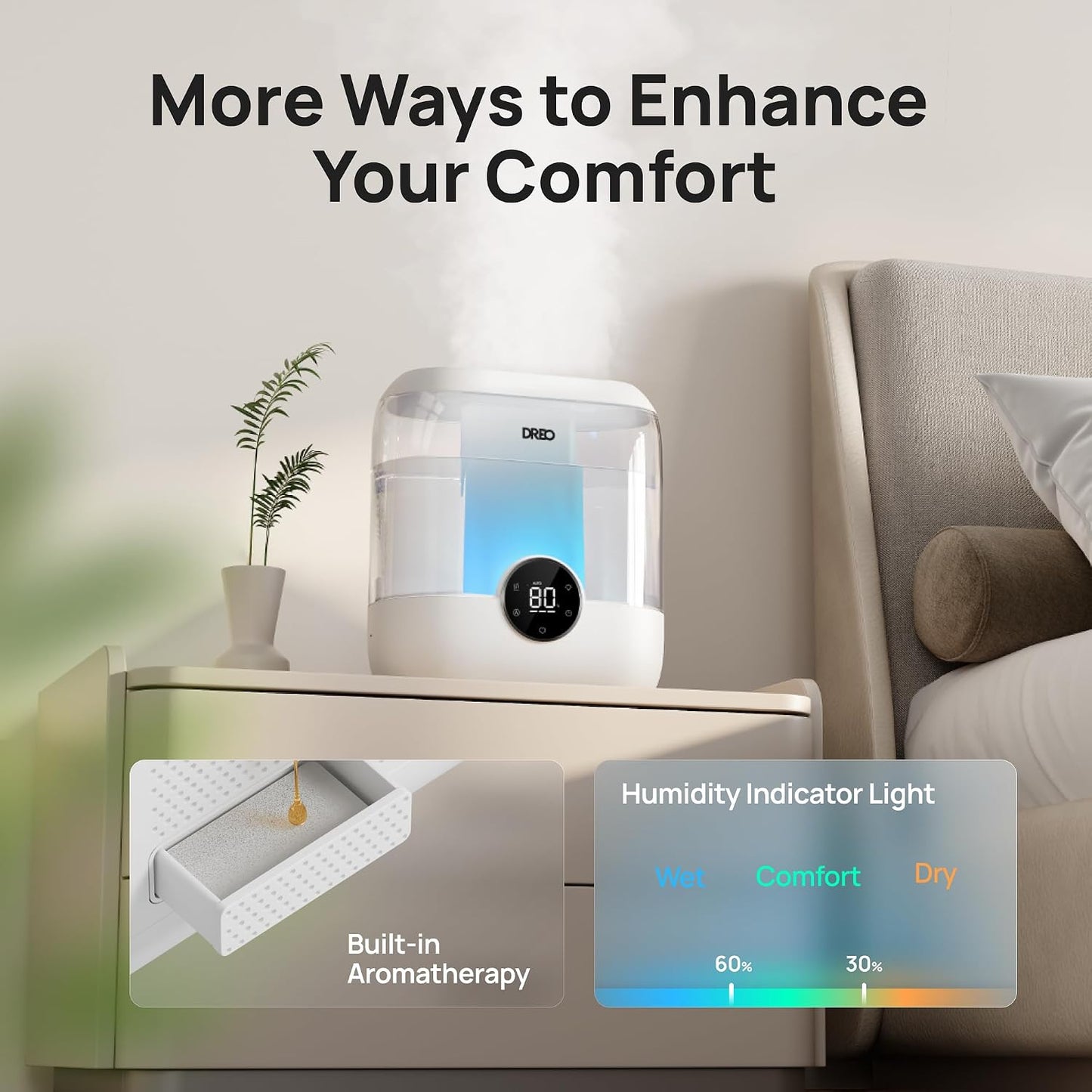 DREO 6L Humidifiers for Bedroom, 60H Runtime, 28 dB Quiet, HM524 | Precise Humidity Control, Easy to Refill & Clean, Nightlight, Cool Mist Humidifiers for Large Rooms, Baby Nurseries & Plants