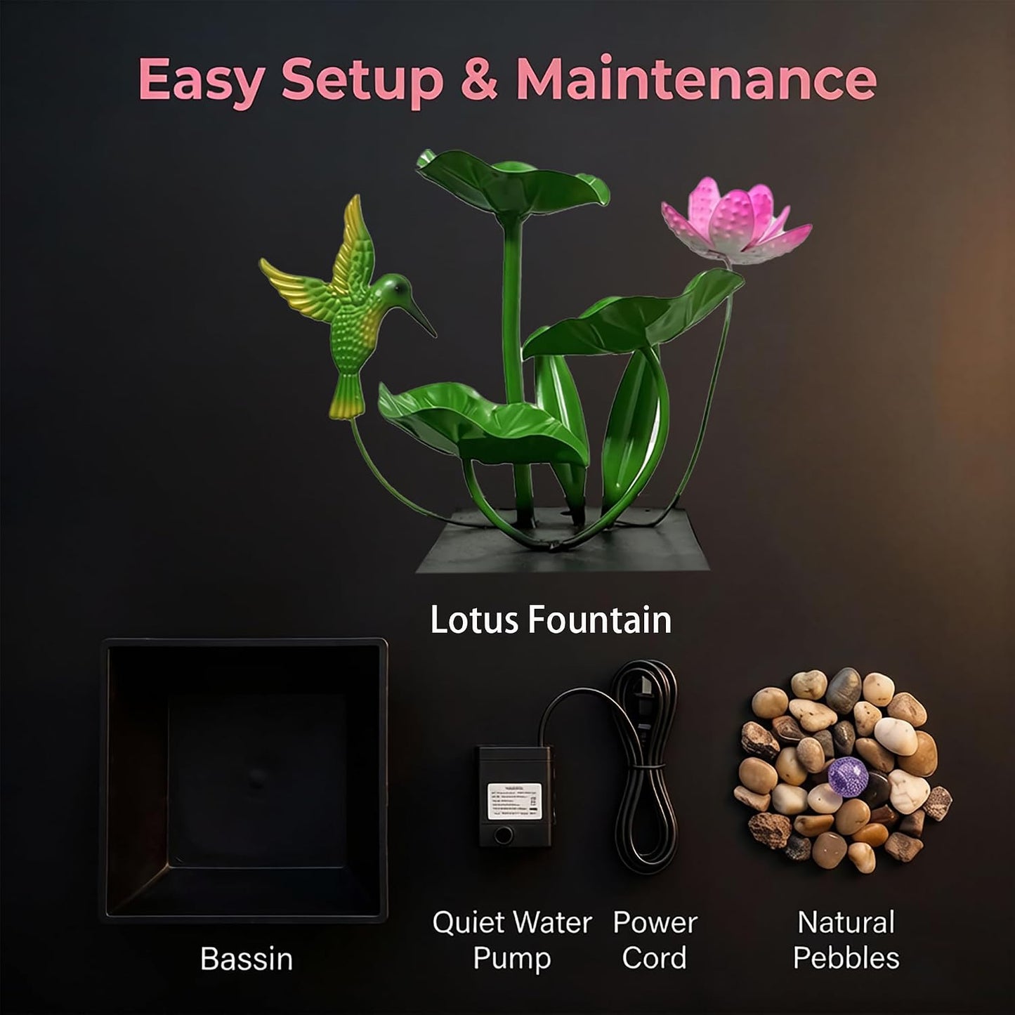 Tabletop Fountain,Indoor Water Fountain,Home Fengshui Décor Zen Relaxation Soothing Sound Machine for Office,Living Room,or Bedroom,Green Lotus,Hummingbird & Pink Flower,9.1inch
