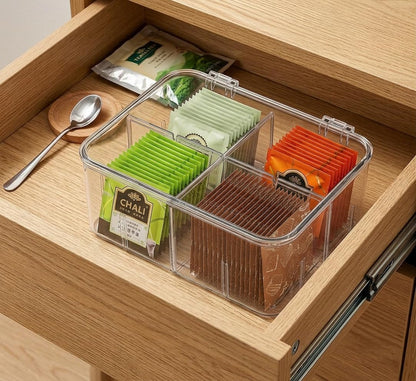 Tea Organizer for Tea Bags Organizer and Storage With Lid | Clear, Removable Divided, Tea Bag Holder, Drink Packets Organizer, For Cabinet, Counter, Countertop