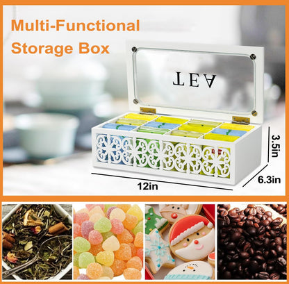 Tea Box,Wood Tea Organizer and Storage,12 Compartments Teas Bag Holder Organizer with Clear Window for Countertop Kitchen Cabinet Pantry (Smoky)