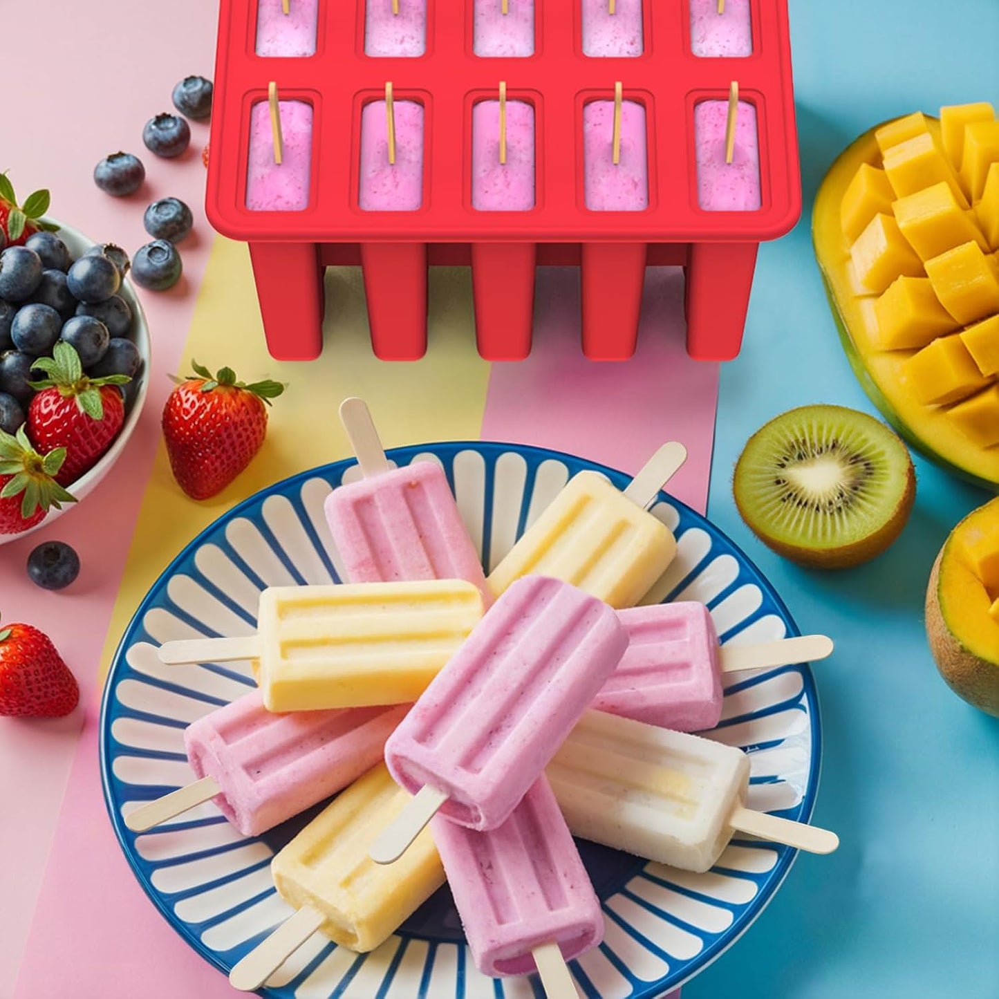 Miaowoof Homemade Popsicle Molds, 10-Cav Non-BPA Silicone Ice Pop Maker, with 50 Sticks, 50 Bags, 10 Reusable Sticks, Funnel, Brush and Ice Pop Recipe (Red)