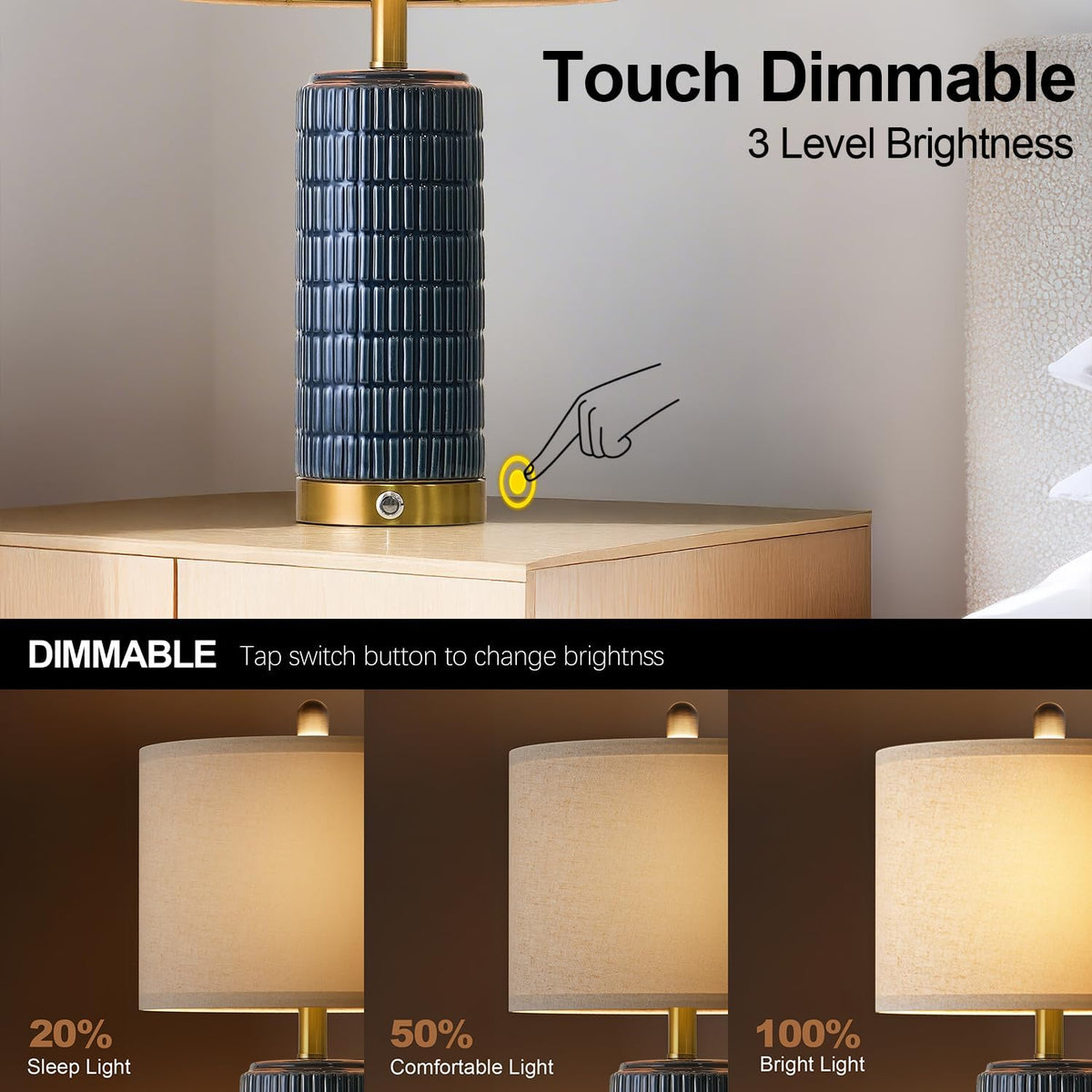 PoKat Touch Bedside Table Lamps with 2 USB for Bedroom Living Room, 25''