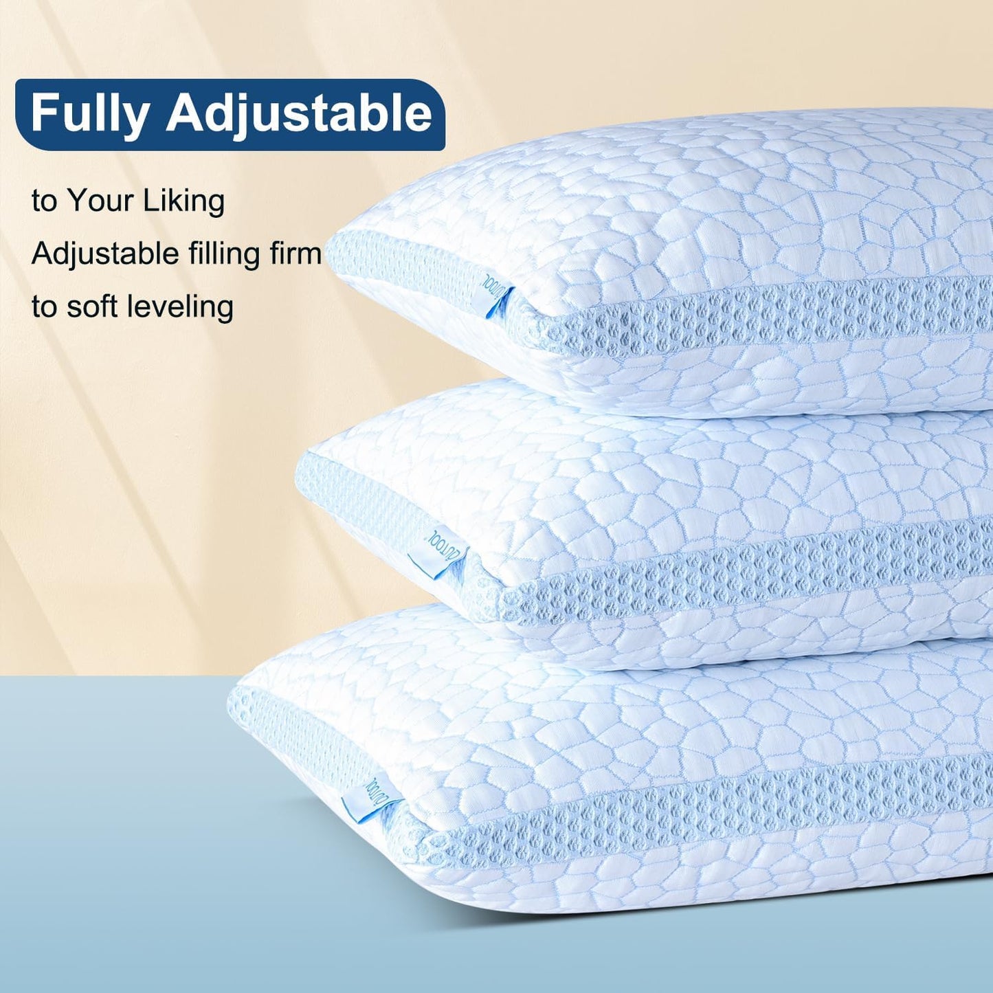 QUTOOL Cooling Pillow for Sleeping, CertiPUR-US Shredded Memory Foam Queen Pillows Set of 2, Cool Pillow for Hot Sleepers Adjustable Firm Pillow for Side, Back, Stomach Sleepers Soft Yet Support,White