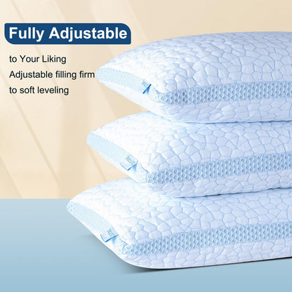 QUTOOL Cooling Pillow for Sleeping, CertiPUR-US Shredded Memory Foam Queen Pillows Set of 2, Cool Pillow for Hot Sleepers Adjustable Firm Pillow for Side, Back, Stomach Sleepers Soft Yet Support,White