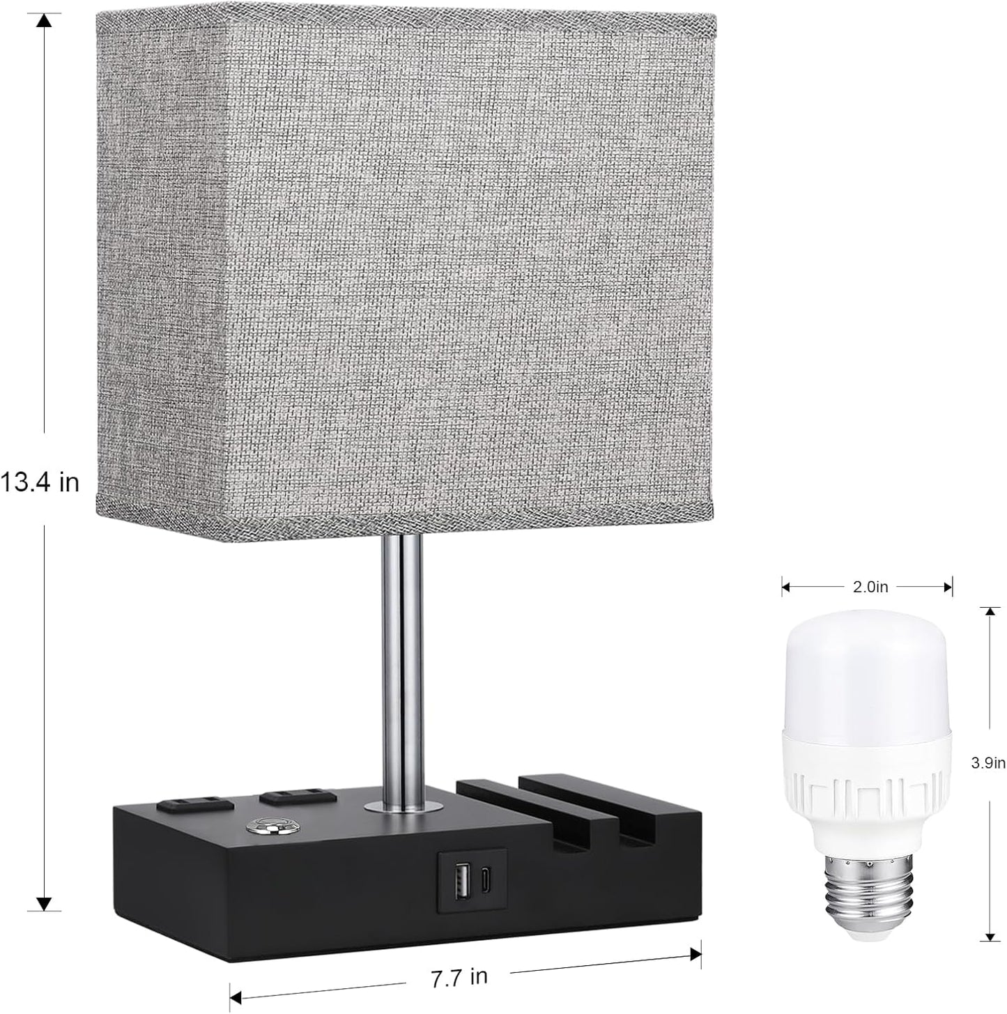 Kakanuo Fully Dimmable Nightstand Lamp for Bedroom with USB C Ports, Grey Small Bedside Table Lamp with Charging Outlets and Phone Stands, Wooden Desk Lamp for Living Room, LED Bulb Included
