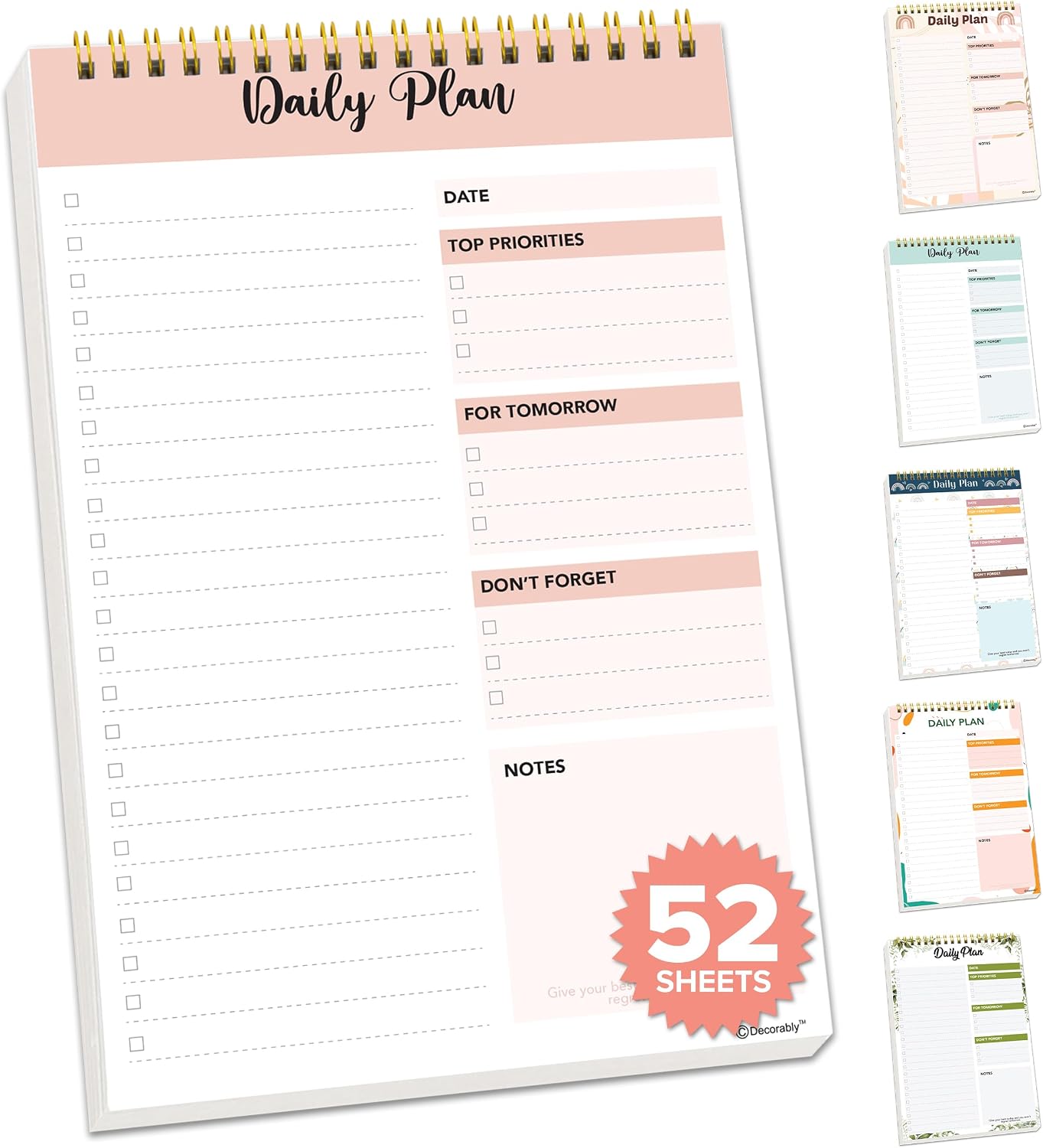Decorably 52 Sheets Boho Undated Daily to Do List Notepad, 6.5x10in Spring-Bound Planner Pad, Easy Tear-Off Design, with Priorities, Checklist, Agenda, Reminders, Notes - Home, School, Office