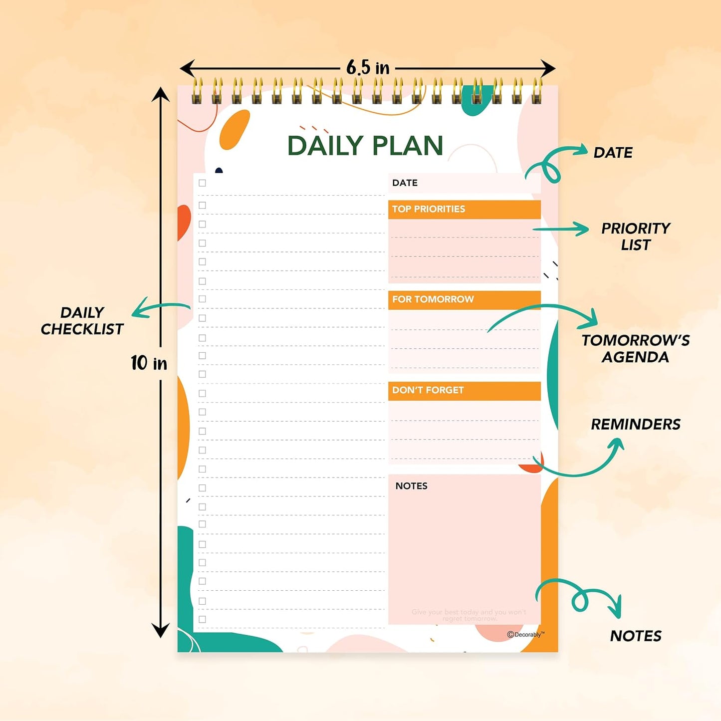 Decorably 52 Sheets Boho Undated Daily to Do List Notepad, 6.5x10in Spring-Bound Planner Pad, Easy Tear-Off Design, with Priorities, Checklist, Agenda, Reminders, Notes - Home, School, Office