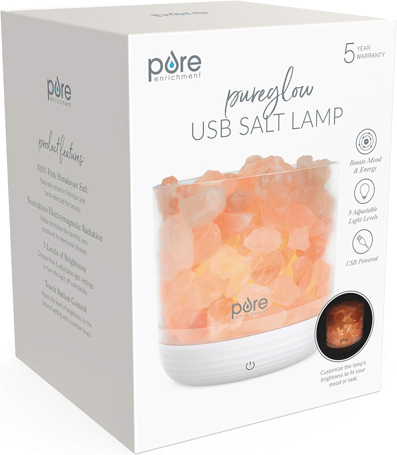 Pure Enrichment PureGlow USB Salt Lamp - Authentic Pink Himalayan Salt Rocks, Light Dimmer with 5 Levels, 2 Bulbs, and USB Power Cable