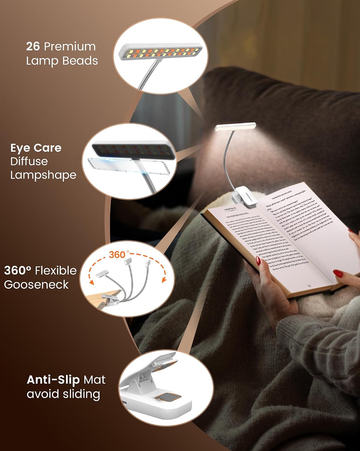 Glocusent 26 LED Rechargeable Book Light for Reading in Bed, Eye-Caring 5 Amber Colors and Stepless Dimming, Lasts 1 Week to a Months, Travel Clip on Lamp Gifts for Book Lovers, Men, Women & Kids