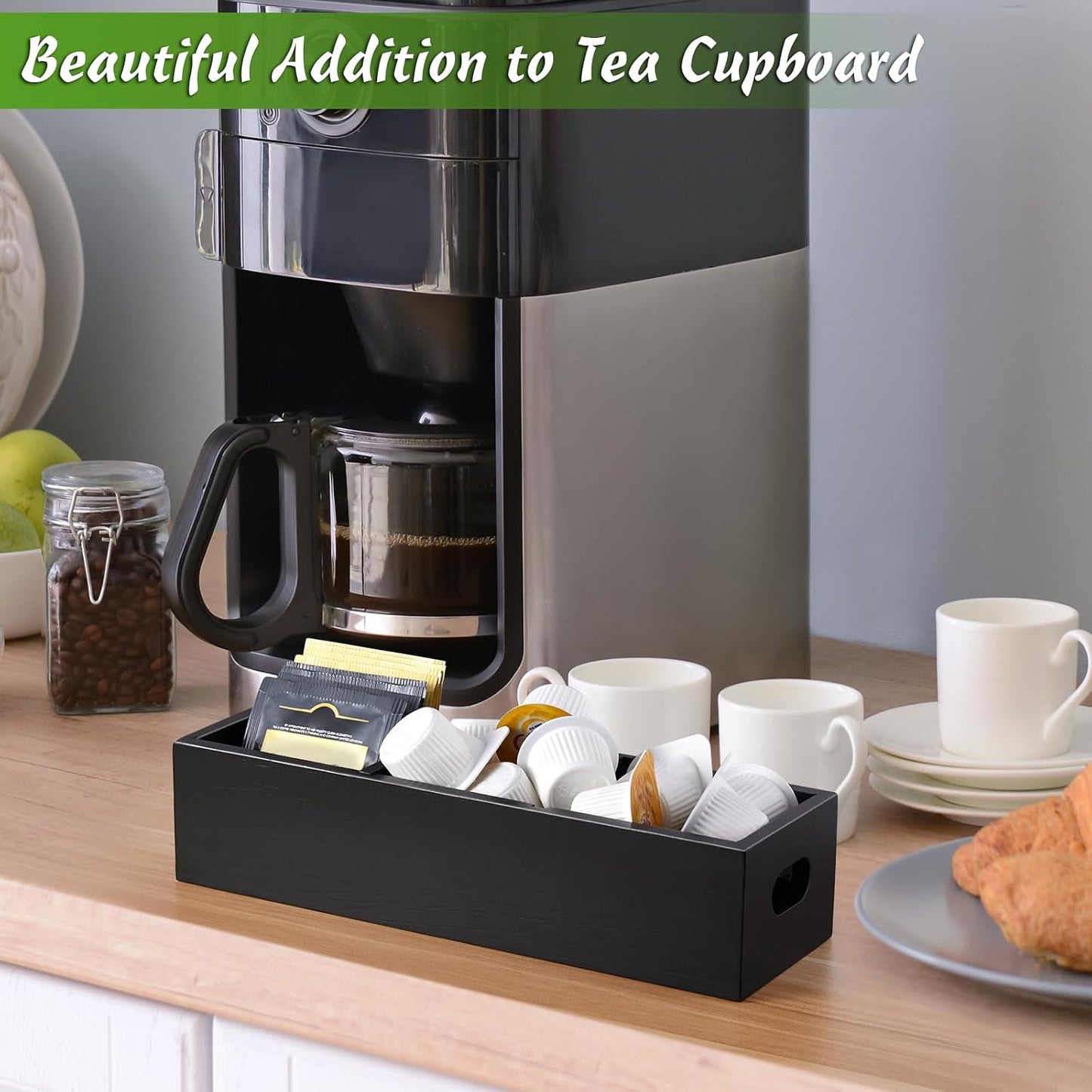 DRASTAR Tea Bag Organizer, Acacia Tea Bag Holder, Tea Storage Containers with 3 Slots, Wooden Tea Storage Accessories, Mini Tea Bag Caddy Box for Countertop