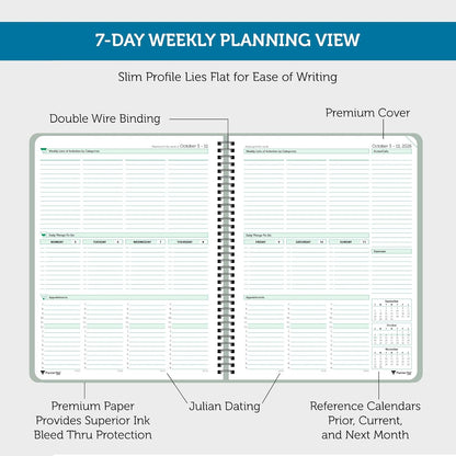 Planner Pad Spiral Bound July 2026 – June 2027 / Academic Year 8 1/2" x 11" Large 3-Tier Funnel Down 12 Month/Weekly Size Organizer, Greenish Grey Cover/Soft Green Ink