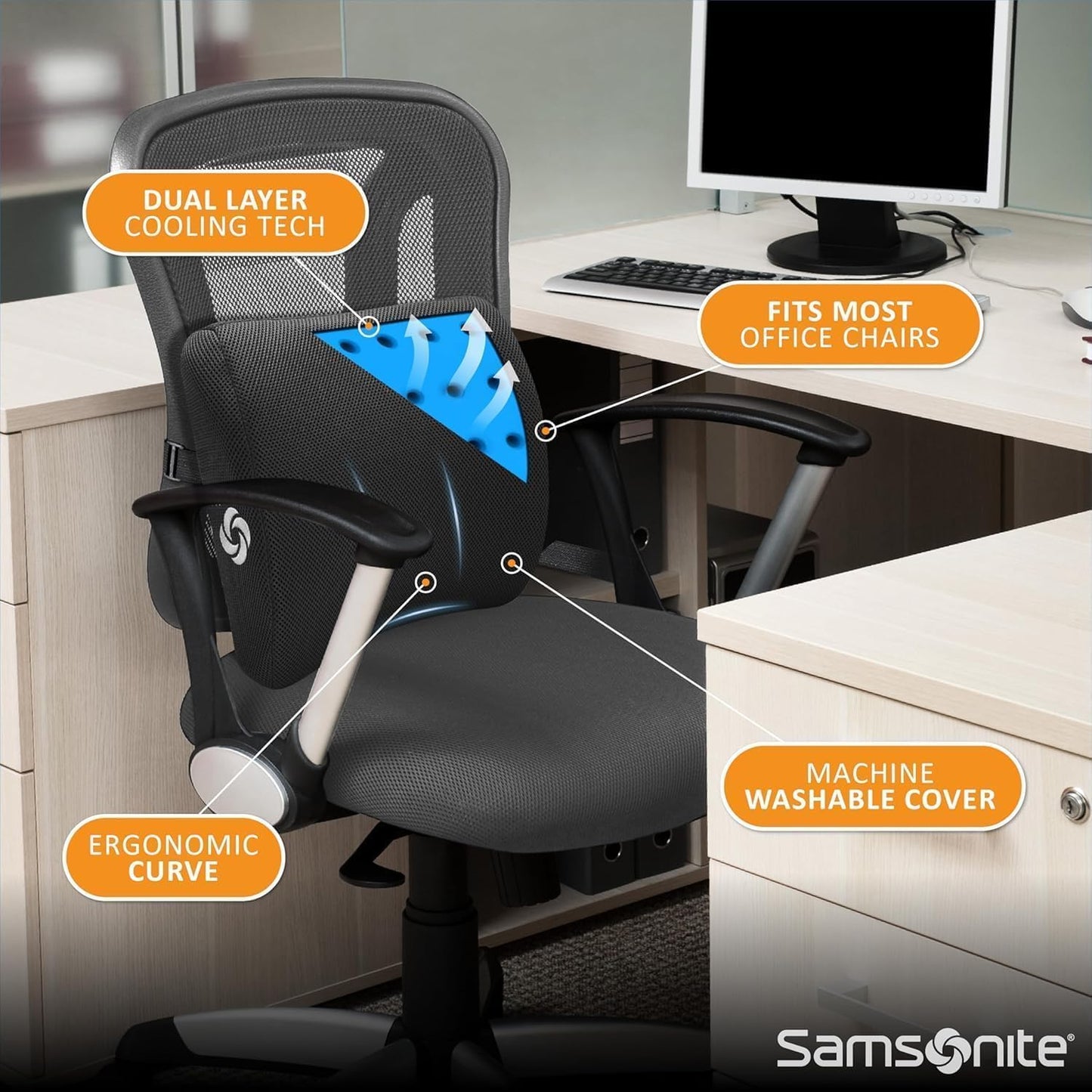 Samsonite Lumbar Support Pillow for Office Chair, Lower Back Support for Car, Back Pillow Desk Chair Cushion with Memory Foam, Improved Posture Backrest