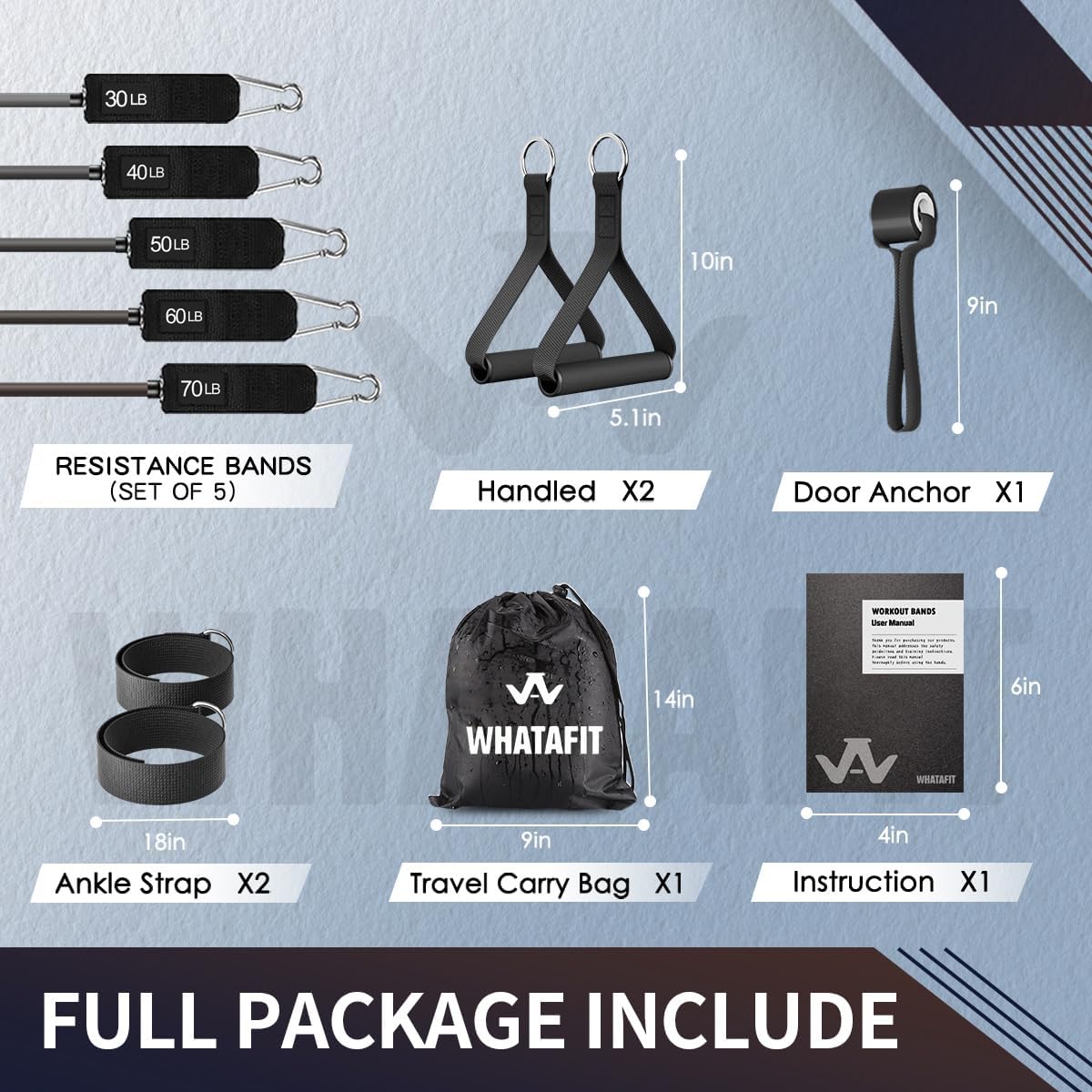 WHATAFIT Resistance Bands, Exercise Bands, Workout Bands with Handles, Door Anchor and Ankle Straps, 5 Resistance Levels Fitness Bands for Strength Training, Physical Therapy, and Home Gym Equipment