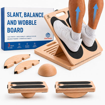 Slant Board for Exercise, 3-in-1 Wooden Calf Stretcher, Rocker Balance Board and 360° Wobble Board, 5 Adjustable Angles, Anti-Slip Surface, Training Poster Included