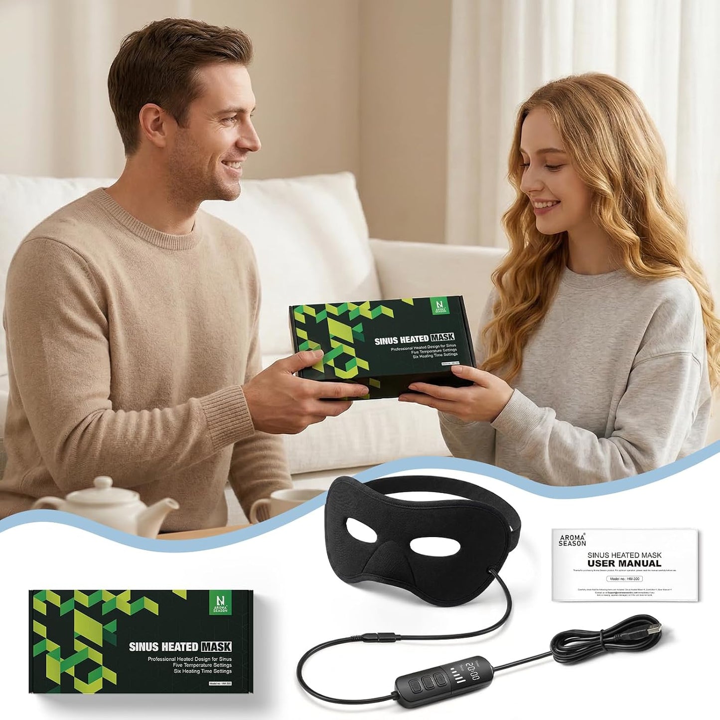 Heated Face Mask for Sinus Pressure Relief, Electric Heated Sinus Mask with 5 Heat & 6 Time Settings, Adjustable Face Heating Pad for Sinuses, Hormone Migraine, Tension Headache Relief (Black)