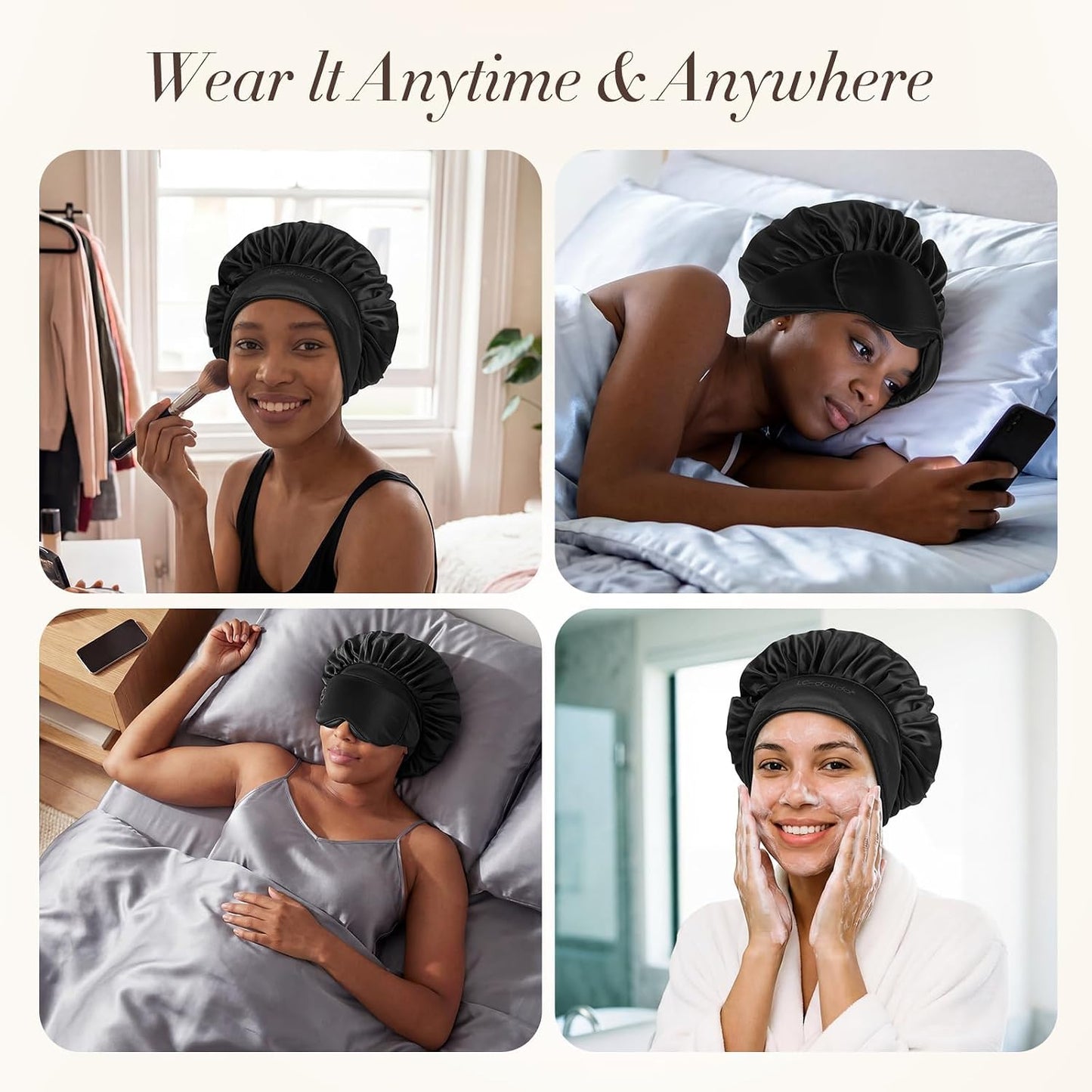 LC-dolida Satin Silk Bonnet for Sleeping Women Men, 2-in-1 Adjustable Hair Bonnet for Curly & Natural with Sleep Mask, Reduce Frizz, Lock in Moisture, Prevent Breakage and Tangles(Black)