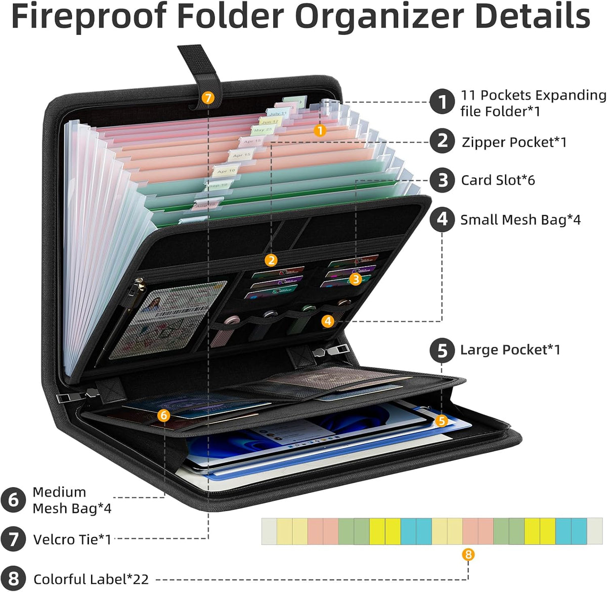 Fireproof Accordion File Organizer, Expanding File Folder with 13 Pockets