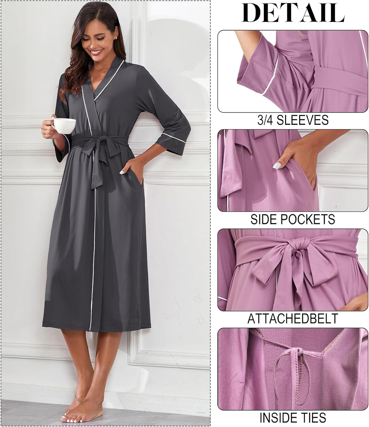PrinStory Robes for Women 3/4 Sleeve Long Bath Robe XS-4XL