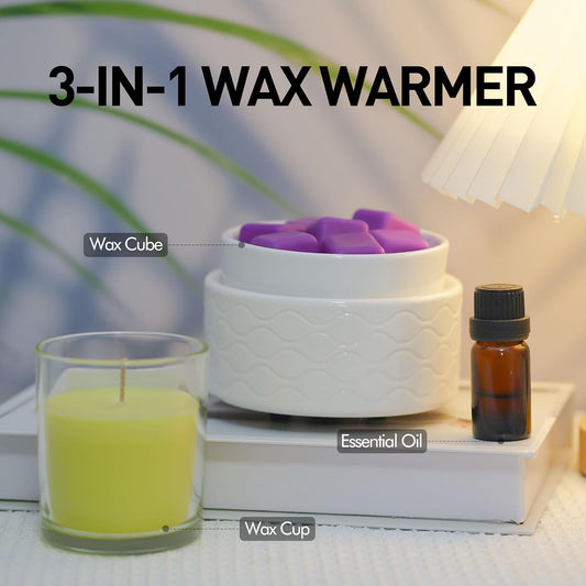 Wax Melt Warmer 3-in-1 Electric, Ceramic Wax Burner for Scented Wax & Essential Oil – Fast Heating, Flame-Free Aromatherapy for Home Office, White
