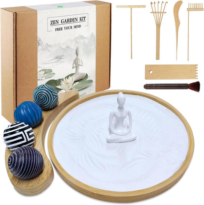 Zen Garden Kit for Desk - Premium Beautiful Japanese Mini Zen Sand Garden Box Gift Set for Home Decor, Office Desk with Large Round Bamboo Tray, White Sands, 4 Sand Spheres & Spheres Holder