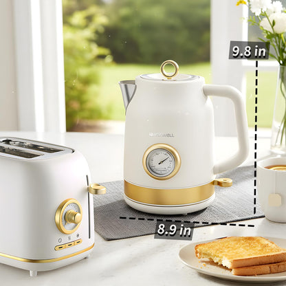 Retro Electric Tea Kettle, 1.7L, Matte White and Gold