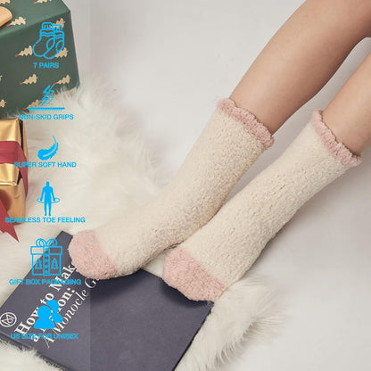 Bulinlulu Fuzzy Socks With Grips for Women, 5 Pairs Non Slip Sleep Warm Fluffy Slipper Socks Gifts for Women