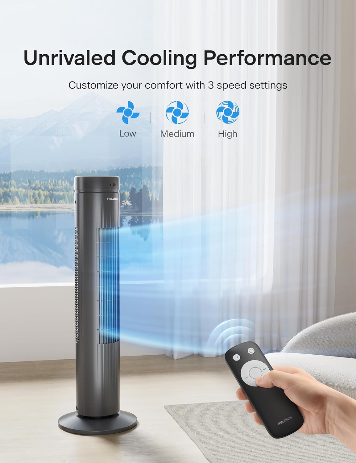 PELONIS 30 Inch Tower Fan for Bedroom, Quiet Oscillating Standing Fan with 3 Speeds, Portable Cooling Fan for Home Office Dorm Room, Auto-off Timer, Black, PFT28A2BBB