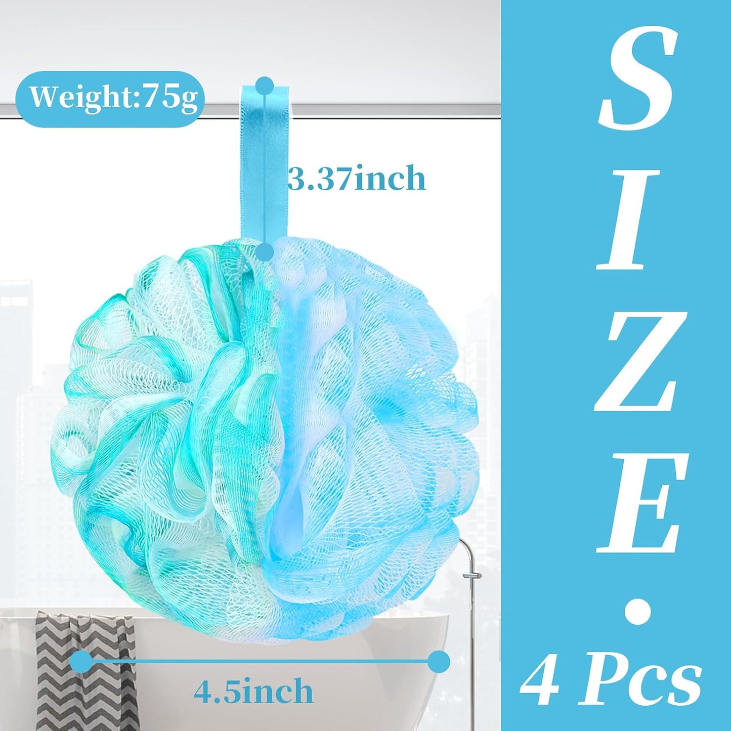 BCKENEY Bath Loofah Shower Sponge Body Back Scrubber Soft Mesh Shower Puffs Exfoliating Loofa for Women & Men Bath Accessories Cleaning Tool (Pack of 4 60G Loofah, Dark Elf)