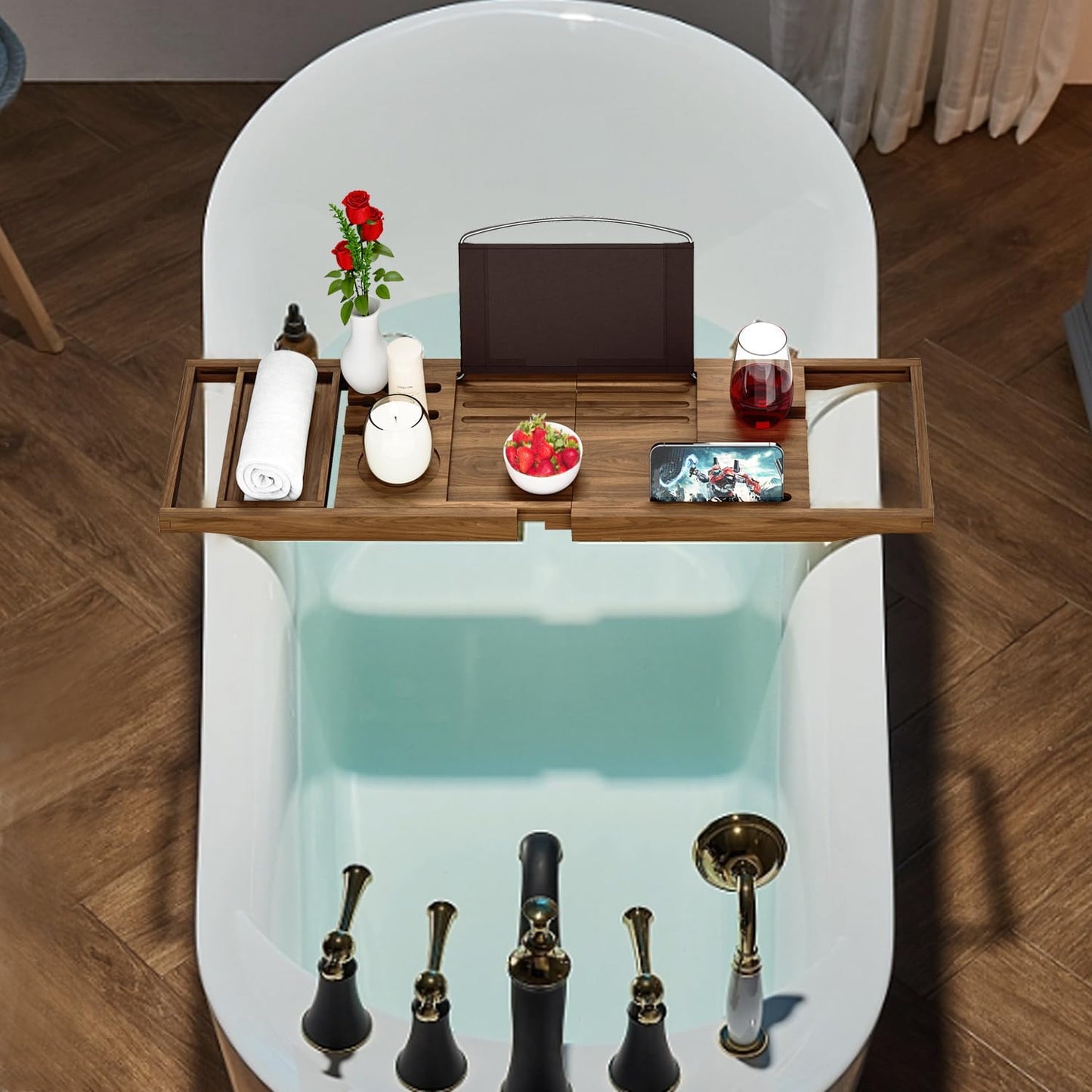 Premium Bamboo Bathtub Tray Caddy - Bath Tub Tray Table for Bathtub - Bath Caddy Tray for Bathtub, Expandable Size, Fits Most Bath Tubs