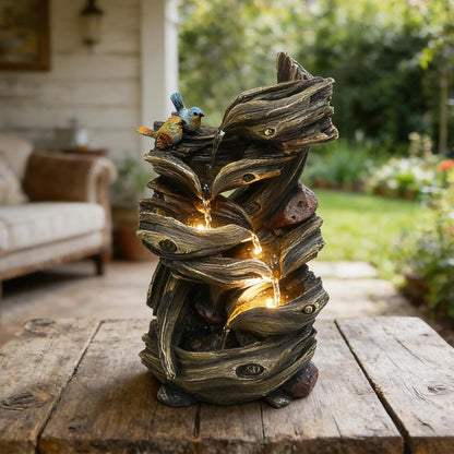4-Tiered Tabletop Water Fountain 17.9-Inch Indoor Waterfall Feature with LED Lights Resin Relaxation Decor for Home，Office，Yard and Graden