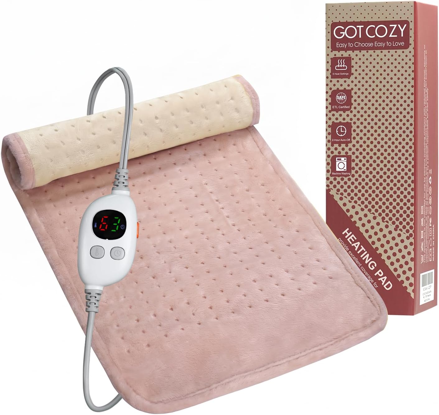 GOTCOZY Heating Pad 12"x24" for Back Pain Relief & Cramps(Rose)