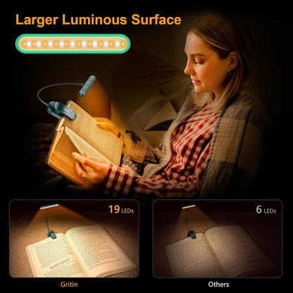 Gritin Rechargeable Book Light for Reading in Bed with 19 LED | Eye Caring 3 Color Temps,5 Brightness Levels,Memory Function,90 Hrs Runtime Flexible Goose Neck Clip on Light for Book Lovers