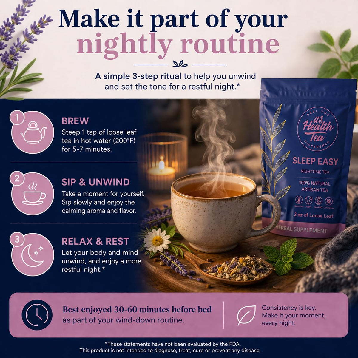 Sleep Easy Herbal Tea 3 oz – Chamomile, Lavender, Lemon Balm, Valerian Root & Passion Flower – Natural Sleep Support for a Calm, Restful Night’s Rest. Caffeine-Free. (includes: 35 empty unbleached filter tea bags inside)