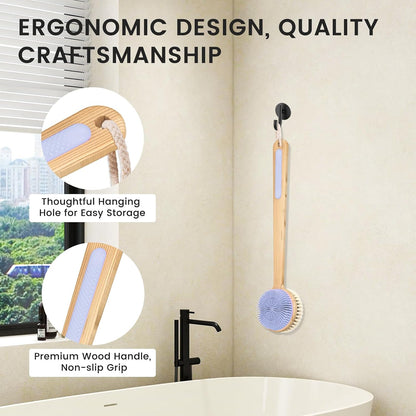 Back Scrubber for Shower，17in Bamboo with Curved Long Handle - Stiff Natural Boar Bristles for Men and Women, Deep Cleansing and Exfoliating, Anti-Slip Grip for Wet or Dry Brushing