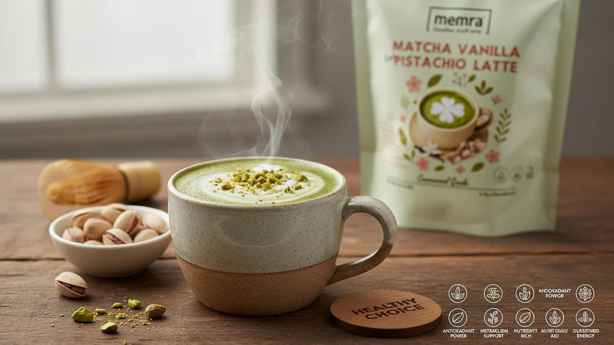 Matcha pistachio Vanilla Latte Mix – Creamy organic Green Tea Drink Powder – Hot or Iced Café Style daily Beverage 80g