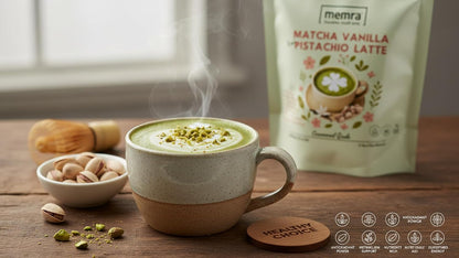 Matcha pistachio Vanilla Latte Mix – Creamy organic Green Tea Drink Powder – Hot or Iced Café Style daily Beverage 80g