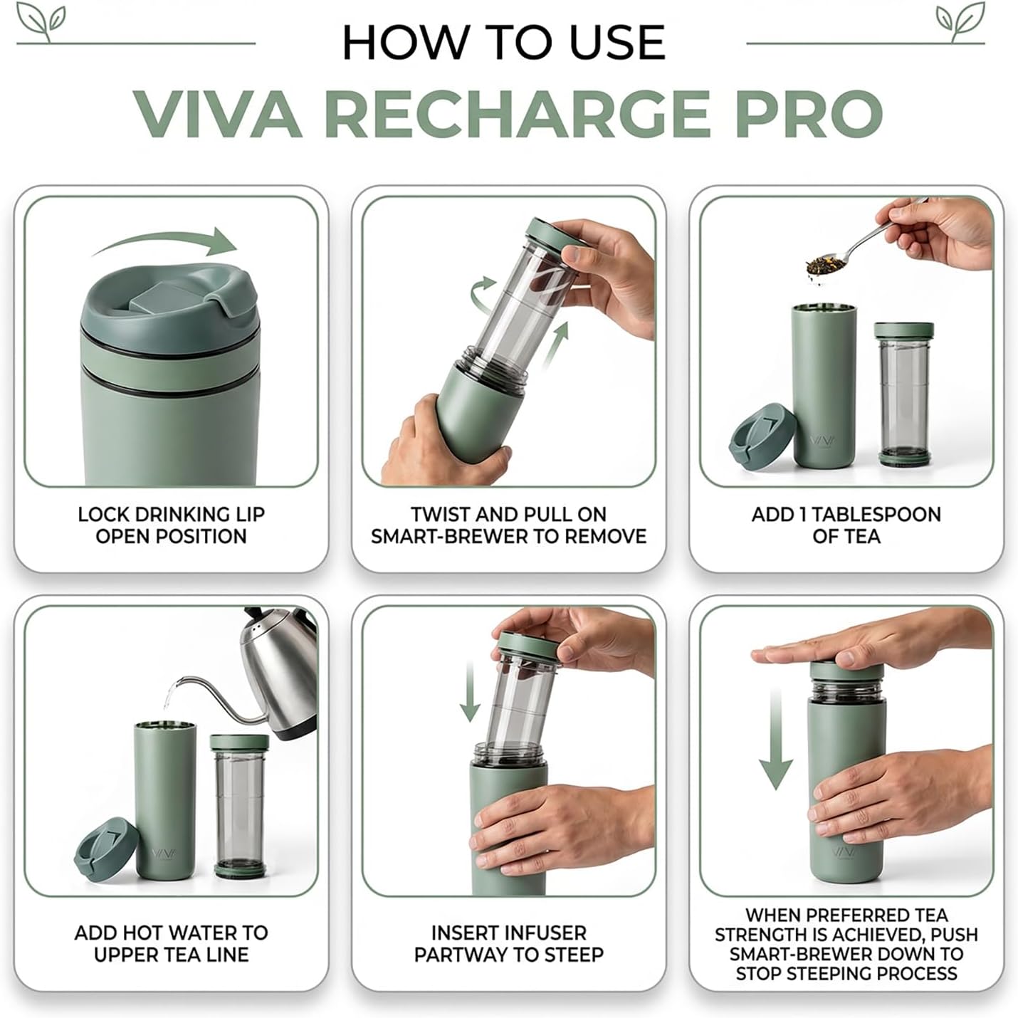 VIVA Recharge Tea Infuser Bottle, 16 oz Insulated Stainless Steel Travel Tea Tumbler with Infuser for Loose Leaf, Hot & Cold Tea & Coffee, Patented Steep Control, Leak-Resistant Lid - Mustard