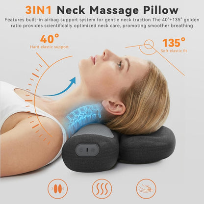 Yunari 3-in-1 Cordless Cervical Neck Support Pillow with Gentle Heat and Airbag Compression, Ergonomic Vibration Pillow for Home, Office and Travel Relaxation (Grey)