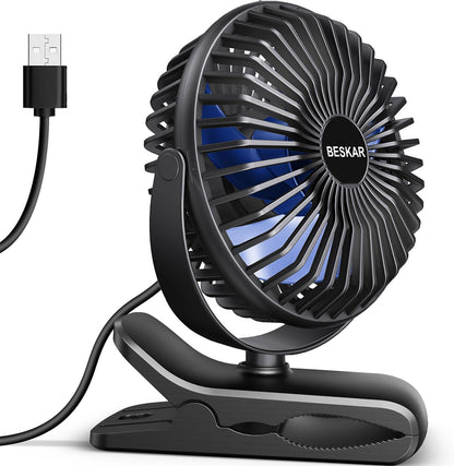 BESKAR Small Clip on Fan, 3 Speeds USB Fans with Strong Airflow, Clip & Desk Fans USB Plug in with Sturdy Clamp - Ultra Quiet operation for Office Dorm Bedroom Stroller