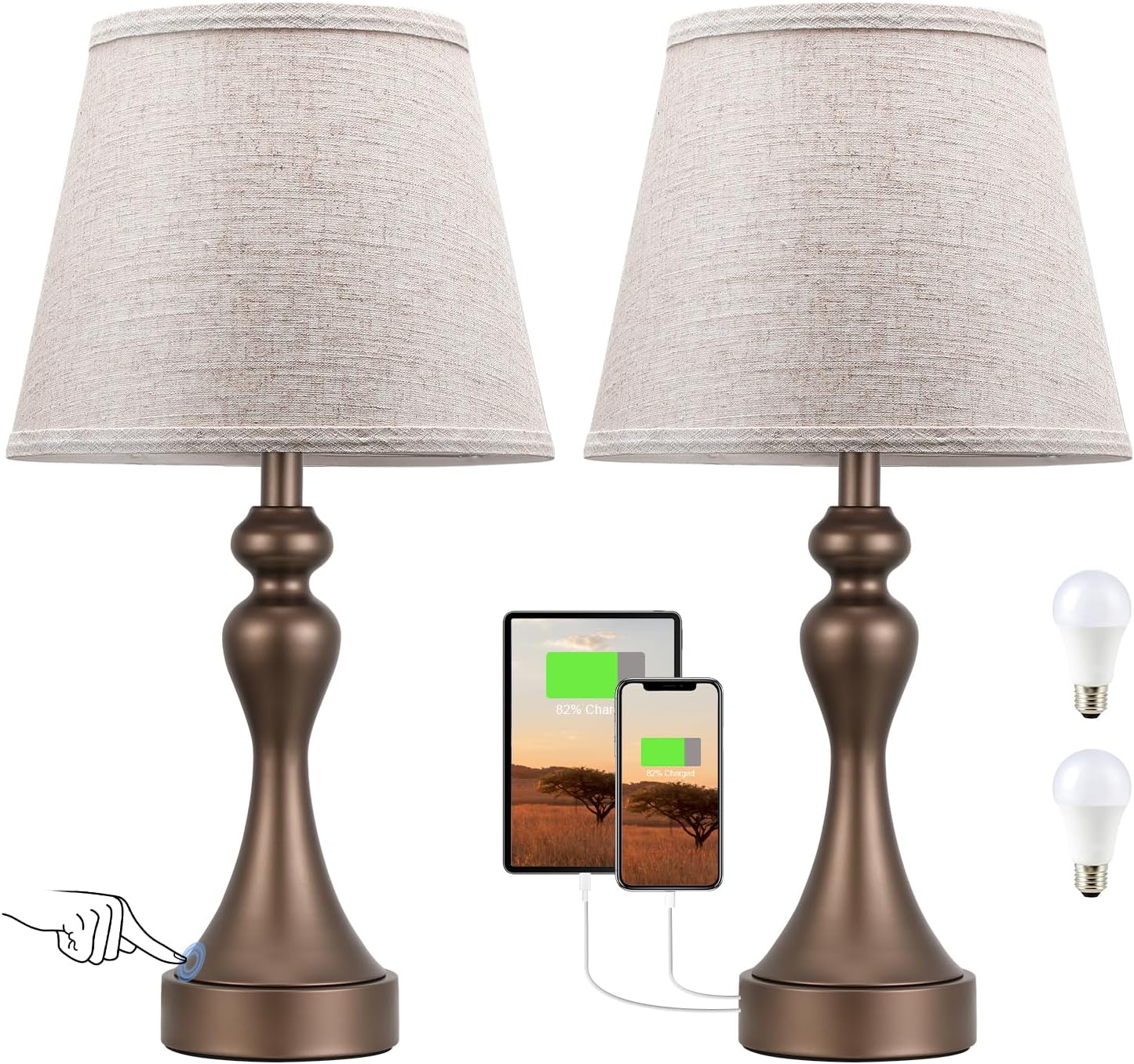 Seealle Touch Lamps for Nightstand - Bedside Lamps Set of 2, 3 Way Dimmable, USB C+A for Bedroom & End Tables (LED Bulbs Included)