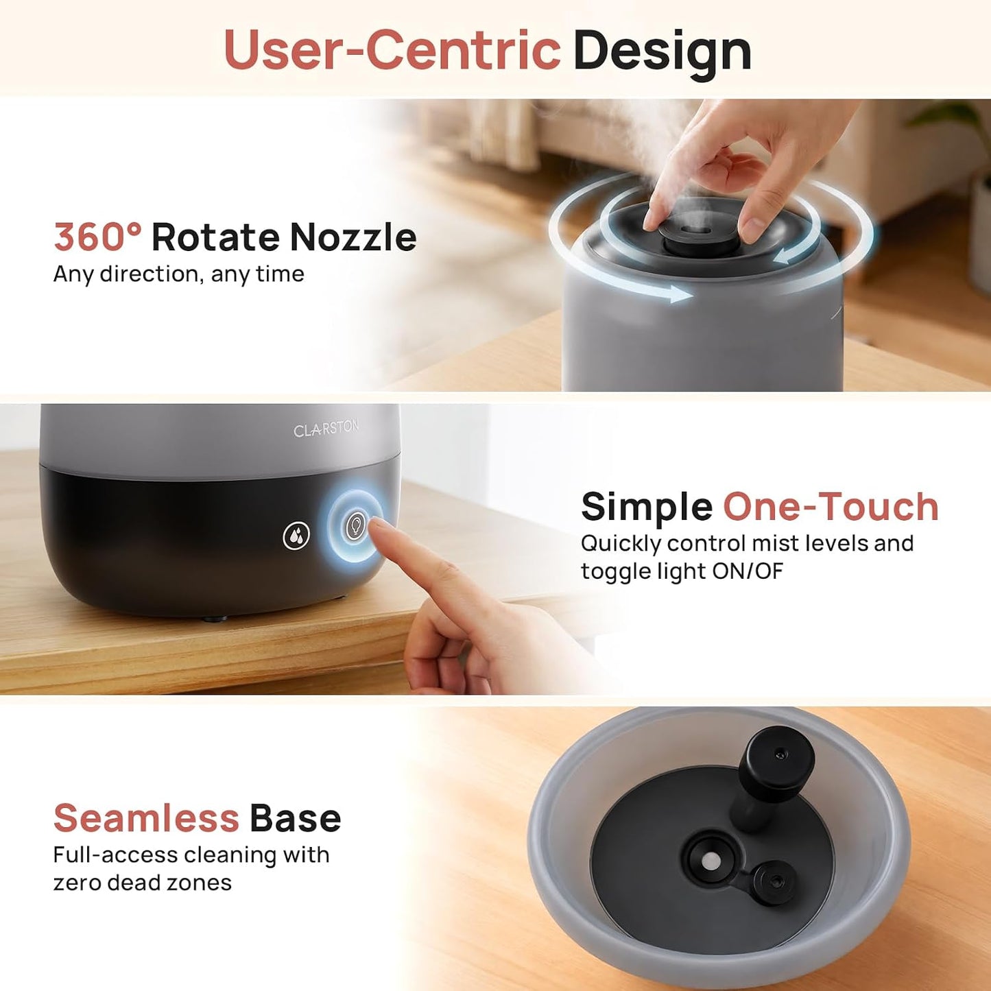Clarston 2L Cool Mist Humidifier for Bedroom with 360° Adjustable Nozzle, High and Low Mist Levels, Ultra-Low Noise, Light-Off, No BPA, Auto Shut Off, Ideal Baby Humidifier with Easy Top Filling