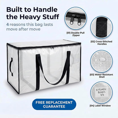 ClearSpace Heavy Duty Moving Bags - Water Resistant Storage Bags with Backpack Straps, Zippers and Handles - Large Moving Boxes for College Dorm, Travel, Closet Organization -, Clear