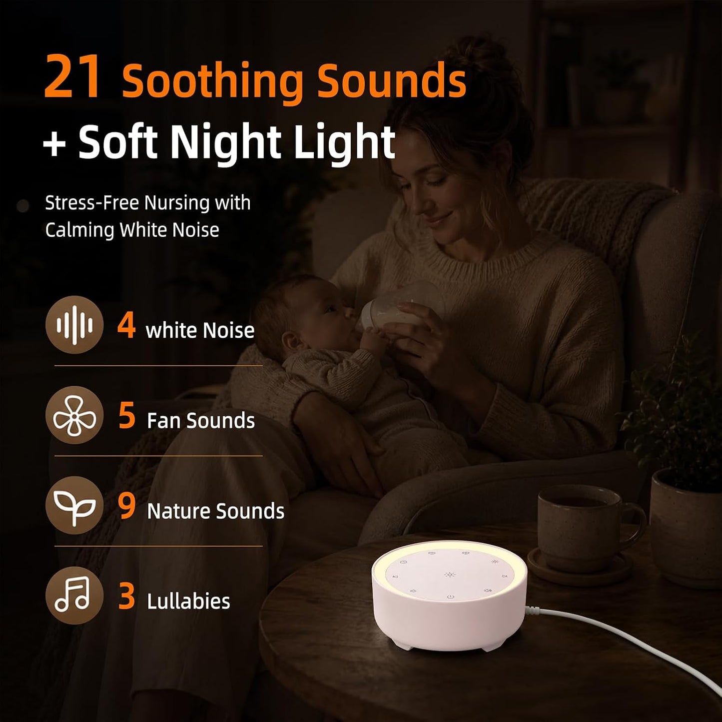 Kipcush White Noise Machine for Sleeping – High-Fidelity Non-Looping Sounds, Dimmable Night Light, USB Powered, Sleep Sound Machine for Baby, Kids & Adults (A - Model White+, Standard)