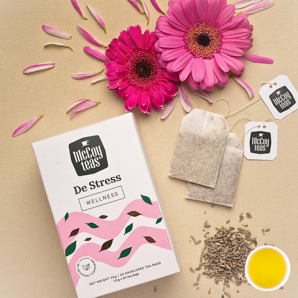 McCoy Teas Wellness De Stress Tea Bags Drinks with Gotukola Lavender Cumin & Fennel with Premium Tea from Sri Lanka, 20 Tea Bags (Pack of 01)