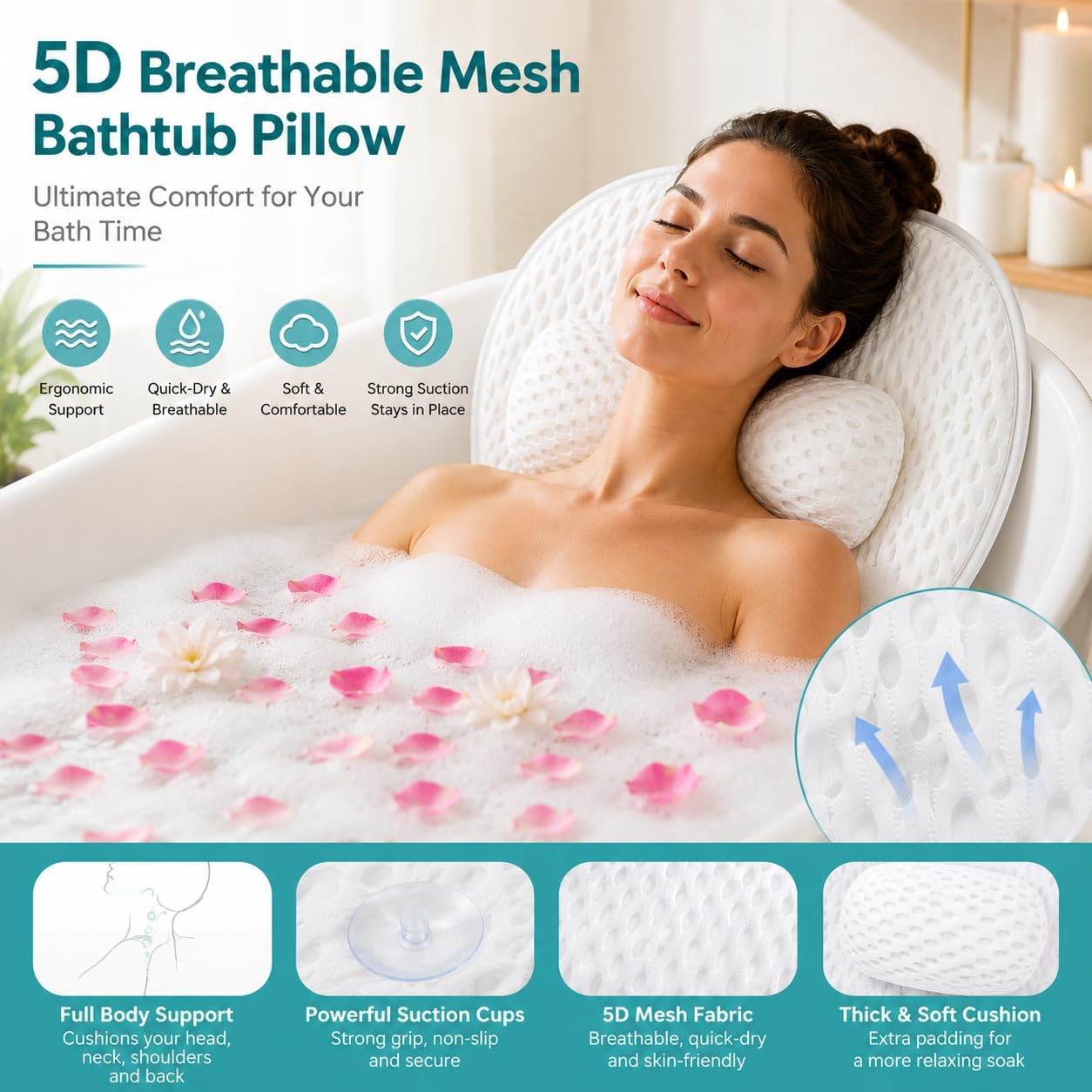 Bath Pillow for Tub,Luxury Bath Pillow for Back,Bathtub Pillow | Bathtub Pillow is Made of Soft 5D Mesh Fabric, Anti Slip Suction Cups, Spa Gifts, Neck And Back Support (Regular Version)