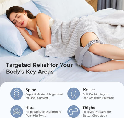Momcozy Knee Pillow for Side Sleepers, Soft Memory Foam & Pinch-Free Design, Relieve Knee, Leg and Sciatica Pain, Adjustable Elastic Strap Ideal for Pregnant Women and Seniors, White