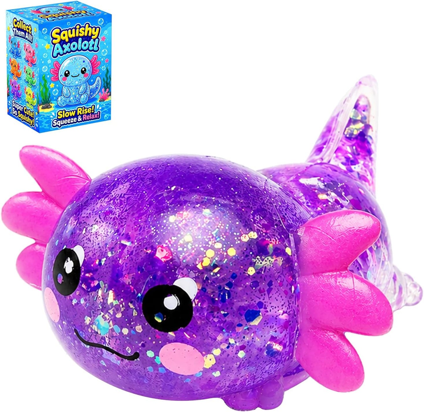 Axolotl Squishy Toy, Cute Glitter Stress Relief Fidget Toy, Soft Squeeze Sensory Toy for Kids Adults, Axolotl Squishy Stress Ball Anxiety Calming Desk Toy Party Favor Handheld Fidget (Yellow)